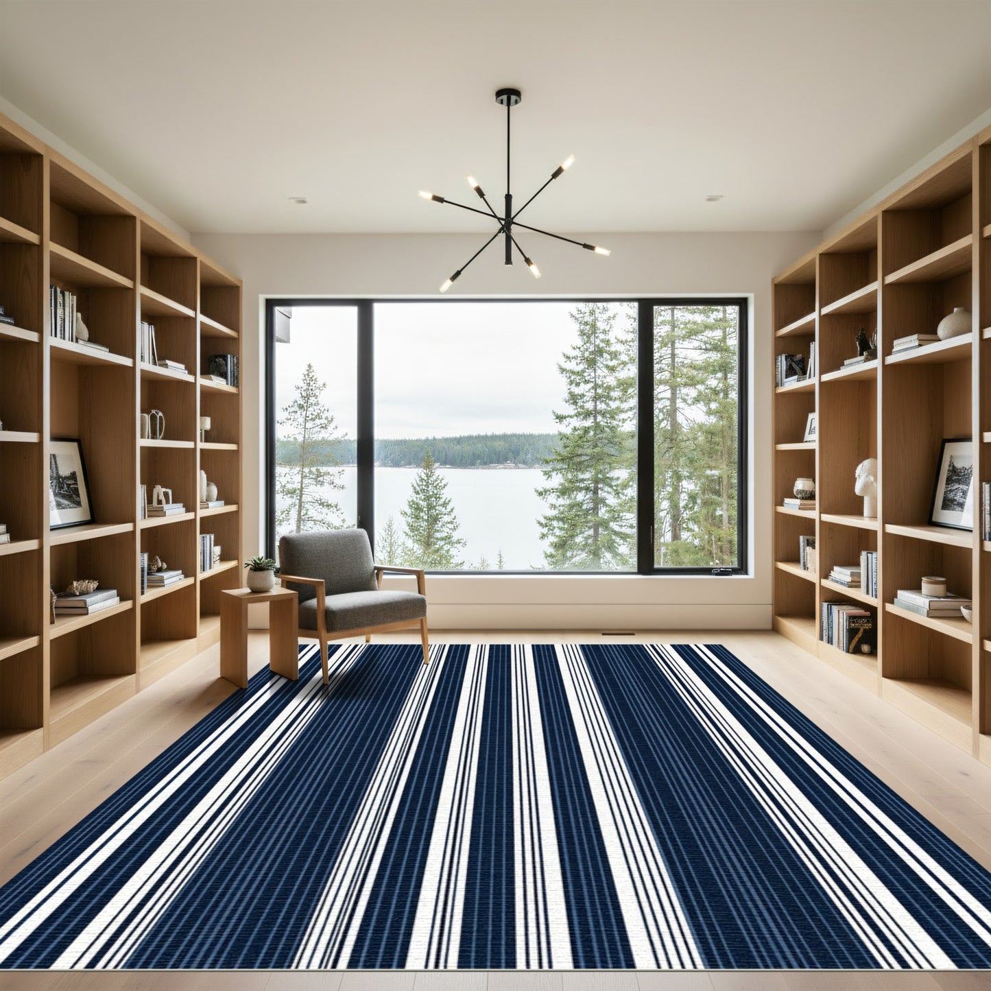 Deep Navy White Vertical Stripe Rug
