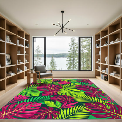 Vibrant Pink and Lime Tropical Foliage Rug