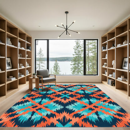 Coral Teal Diamond Geometric Pattern Rug