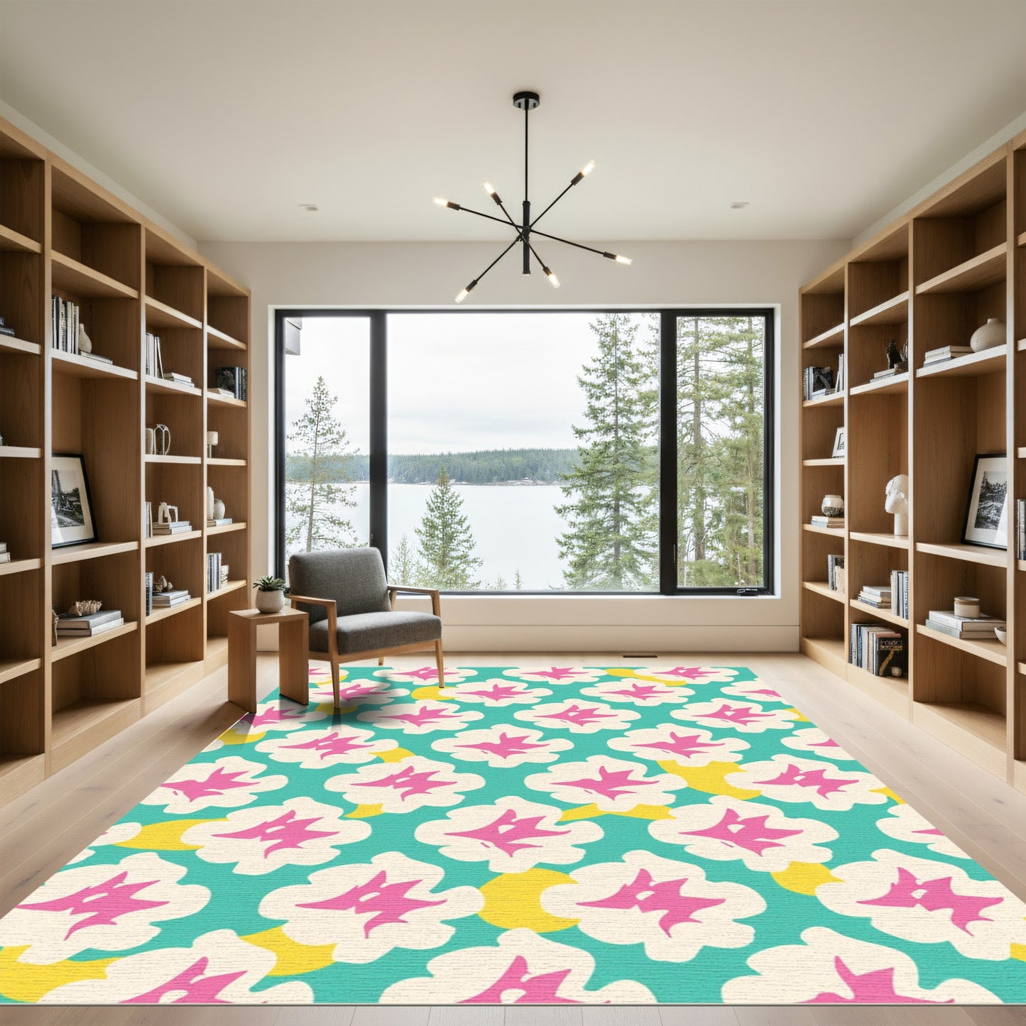 Turquoise Cream Pink Abstract Floral Overlay Rug