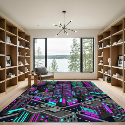 Cyberpunk Neon Isometric Skyscraper Cityscape Rug