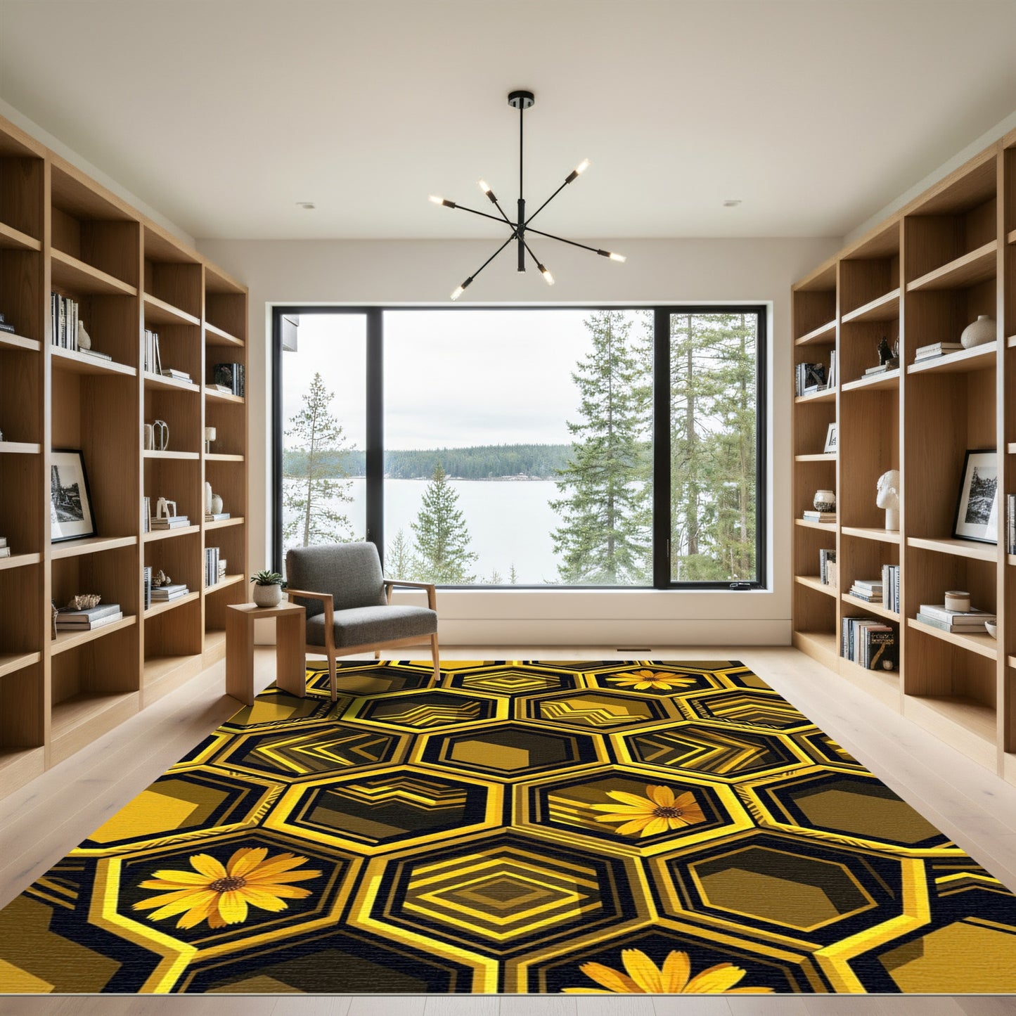 Gold Geometric Hexagon Floral Bee Home Rug