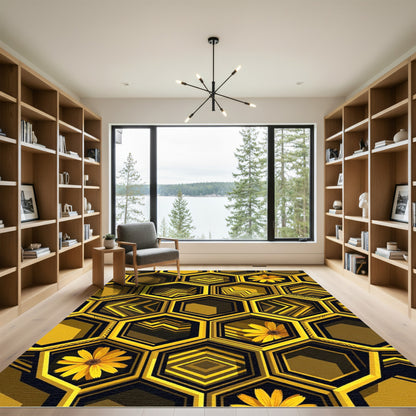 Gold Geometric Hexagon Floral Bee Home Rug