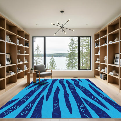 Deep Blue Organic Stripe Calligraphy Rug