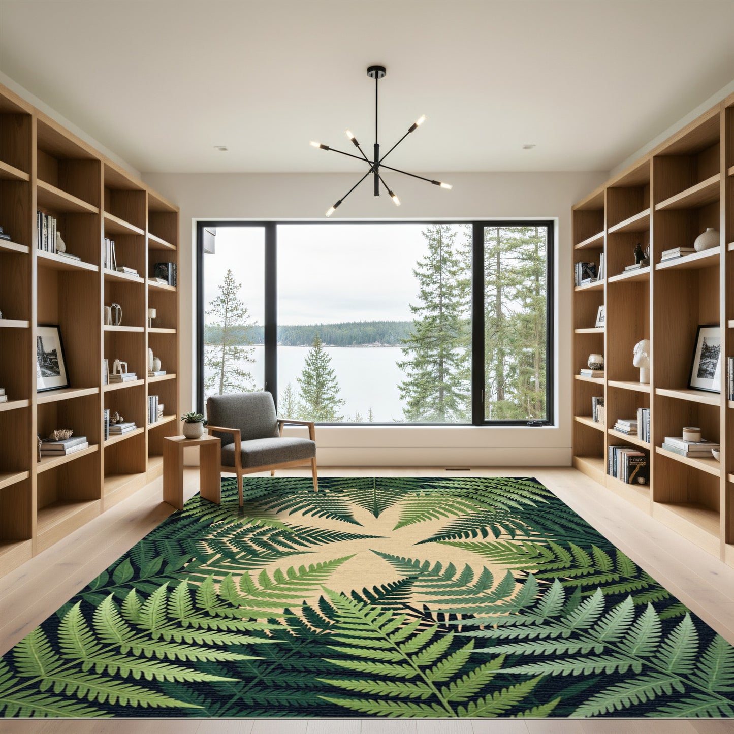 Lush Green Tropical Fern Circular Foliage Rug