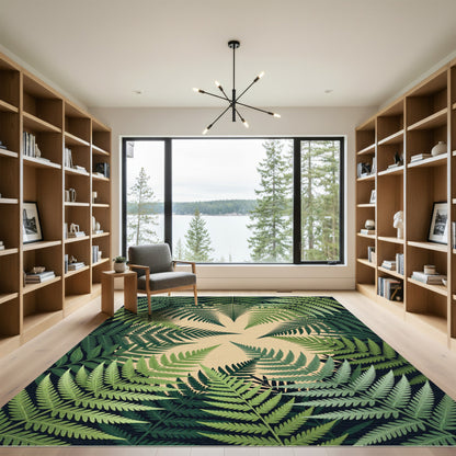 Lush Green Tropical Fern Circular Foliage Rug