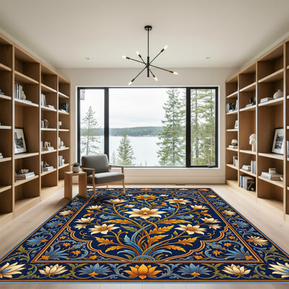 Intricate Navy Floral Blossom Medallion Rug