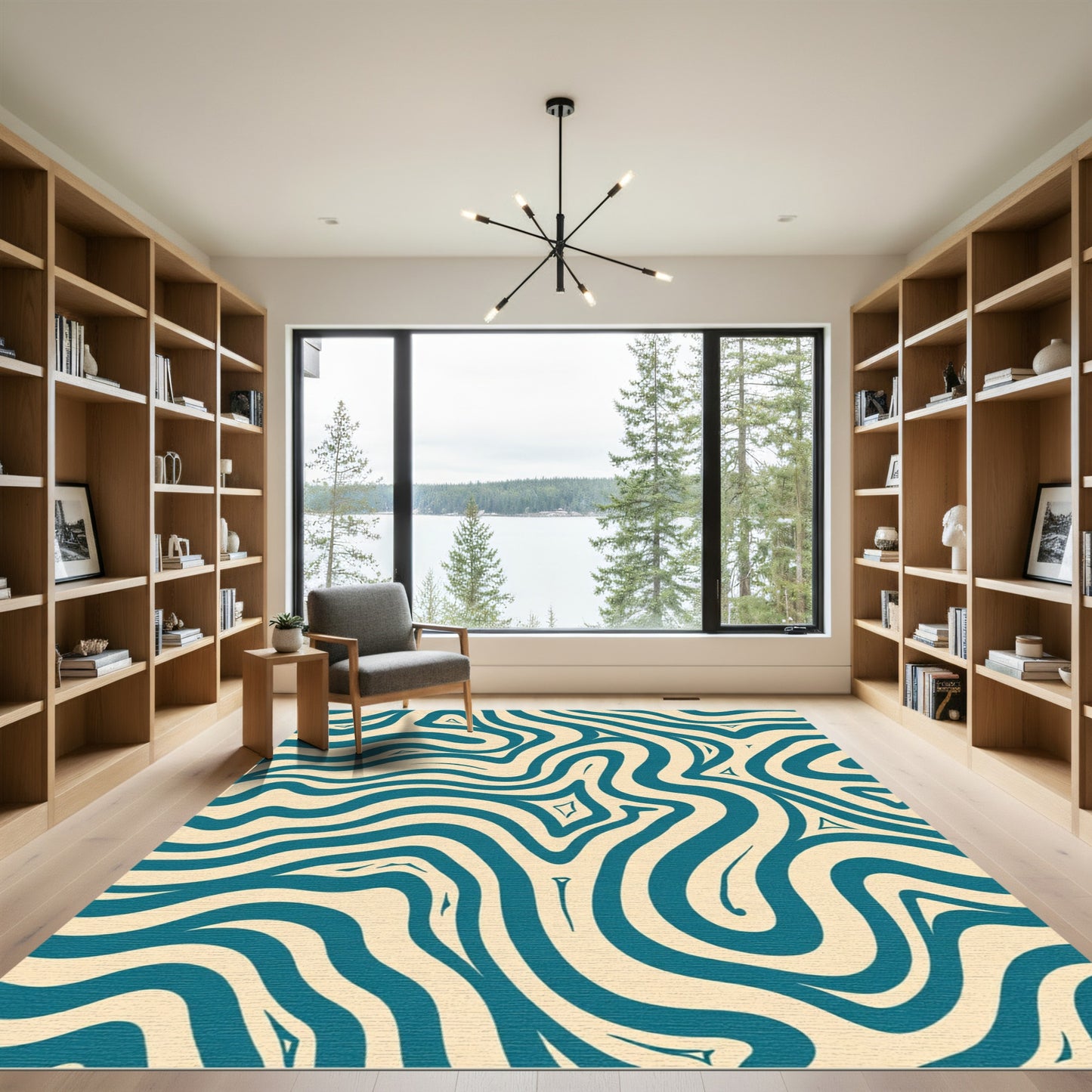 Teal Cream Swirling Abstract Ripples Rug