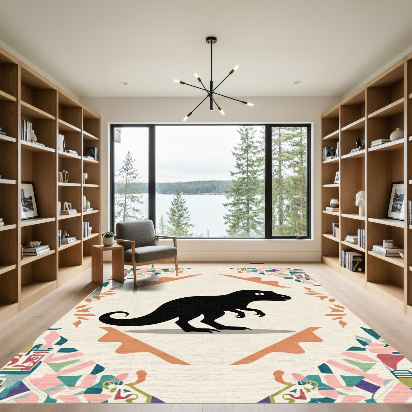 Playful Black Dinosaur Geometric Border Rug