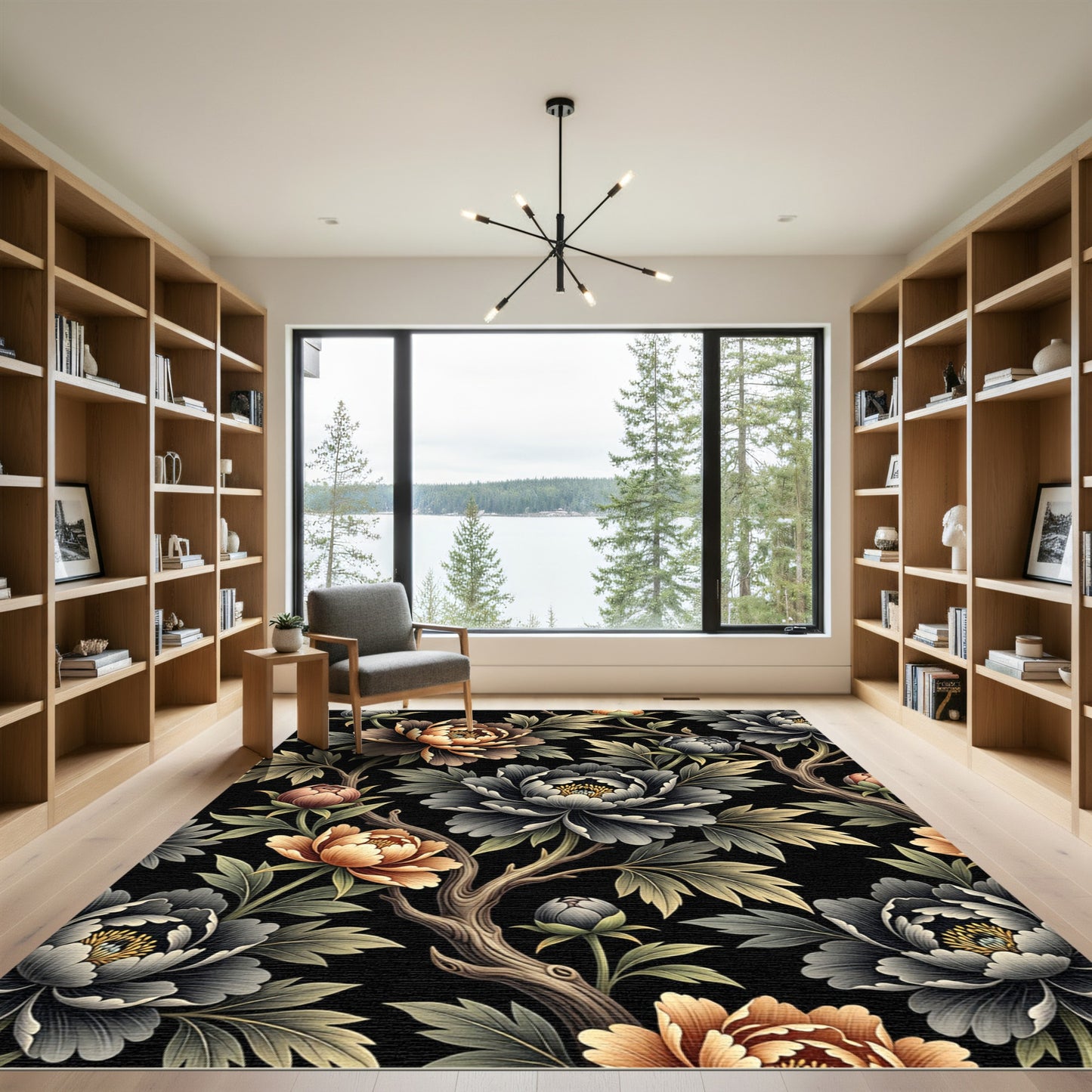 Dramatic Black Floral Branch Medallion Rug