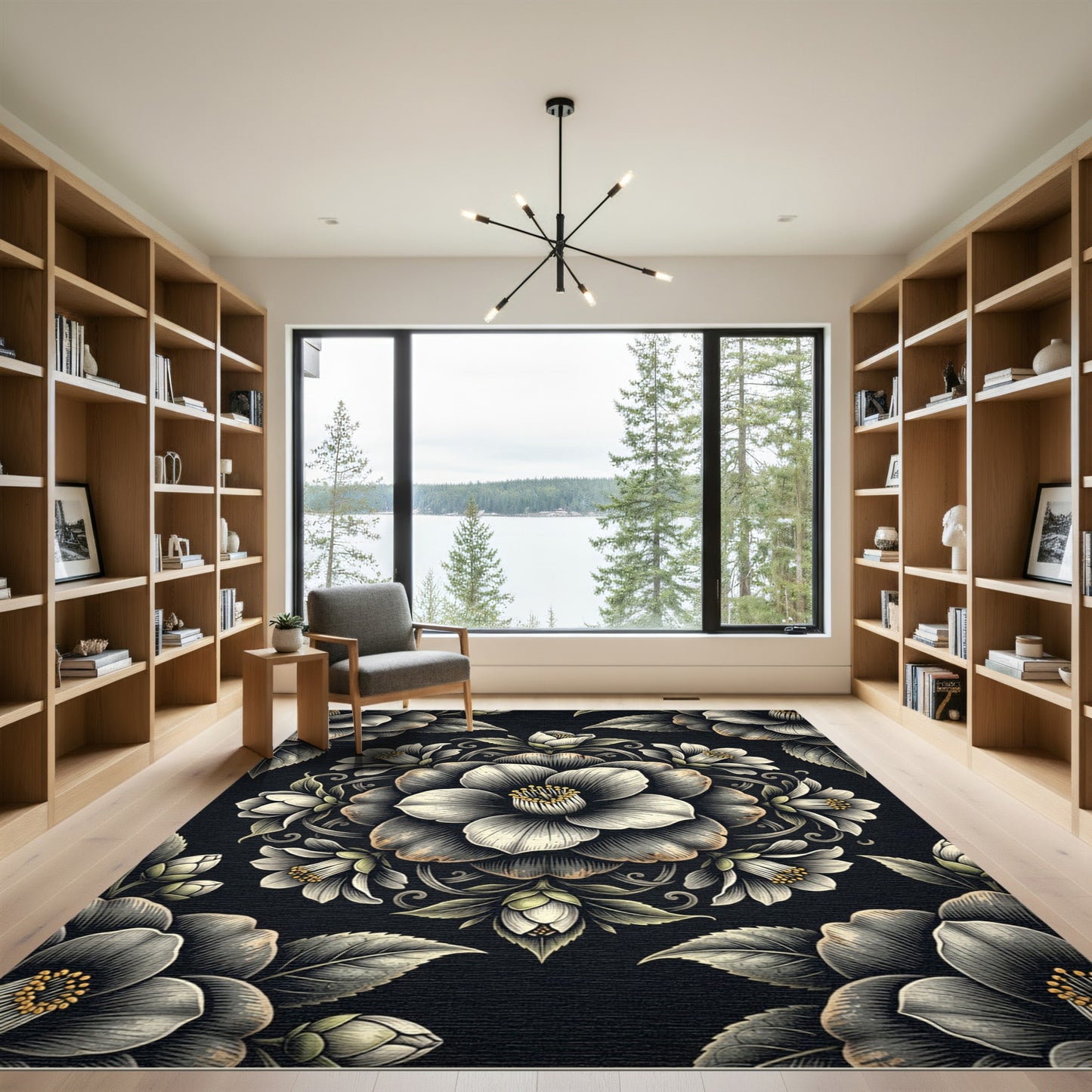 Ornate Black White Floral Medallion Rug