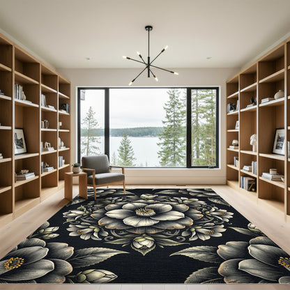 Ornate Black White Floral Medallion Rug