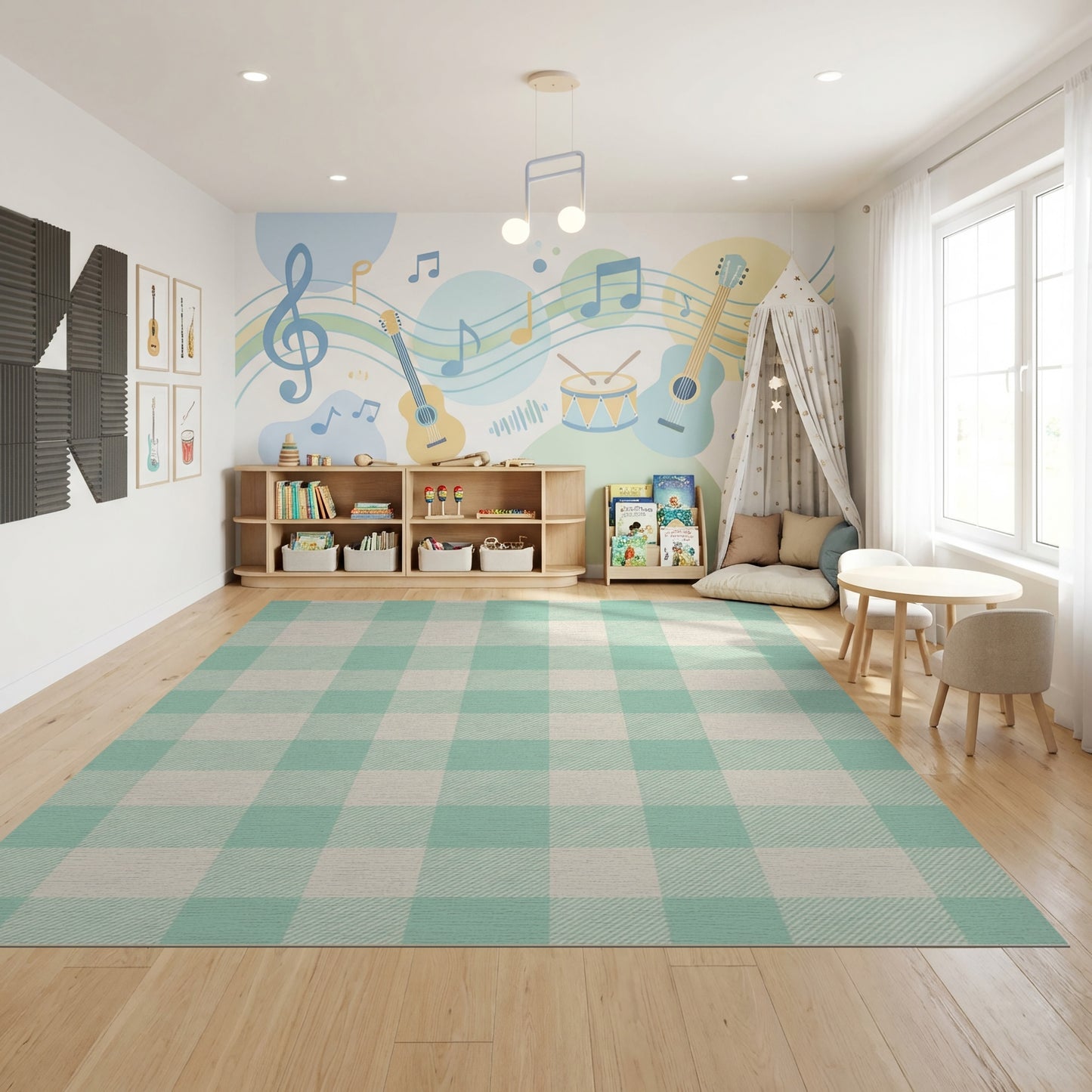 Light Green Cream Gingham Check Rug