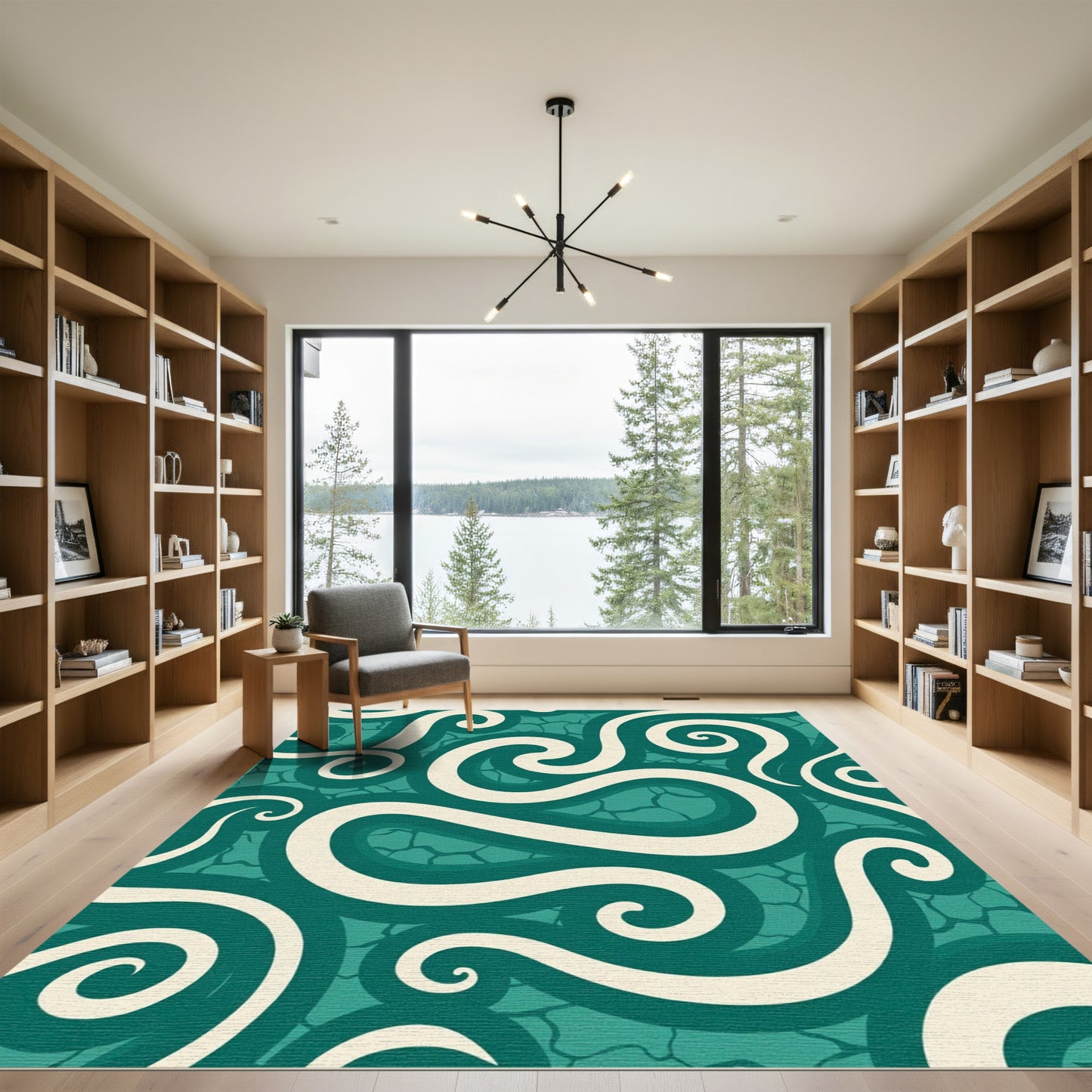 Cream Swirls Teal Aquatic Abstract Rug