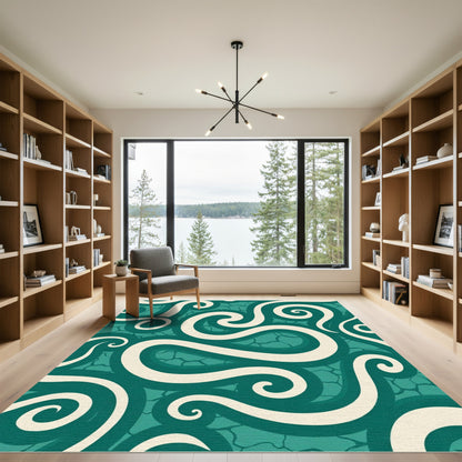 Cream Swirls Teal Aquatic Abstract Rug