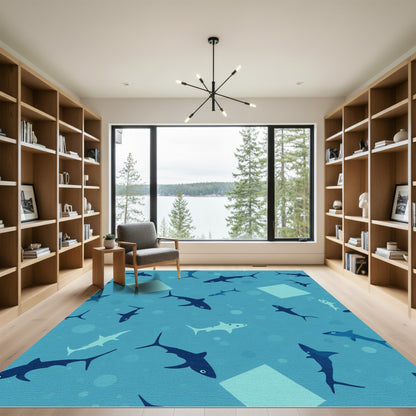 Aqua Blue Shark School Squares Rug