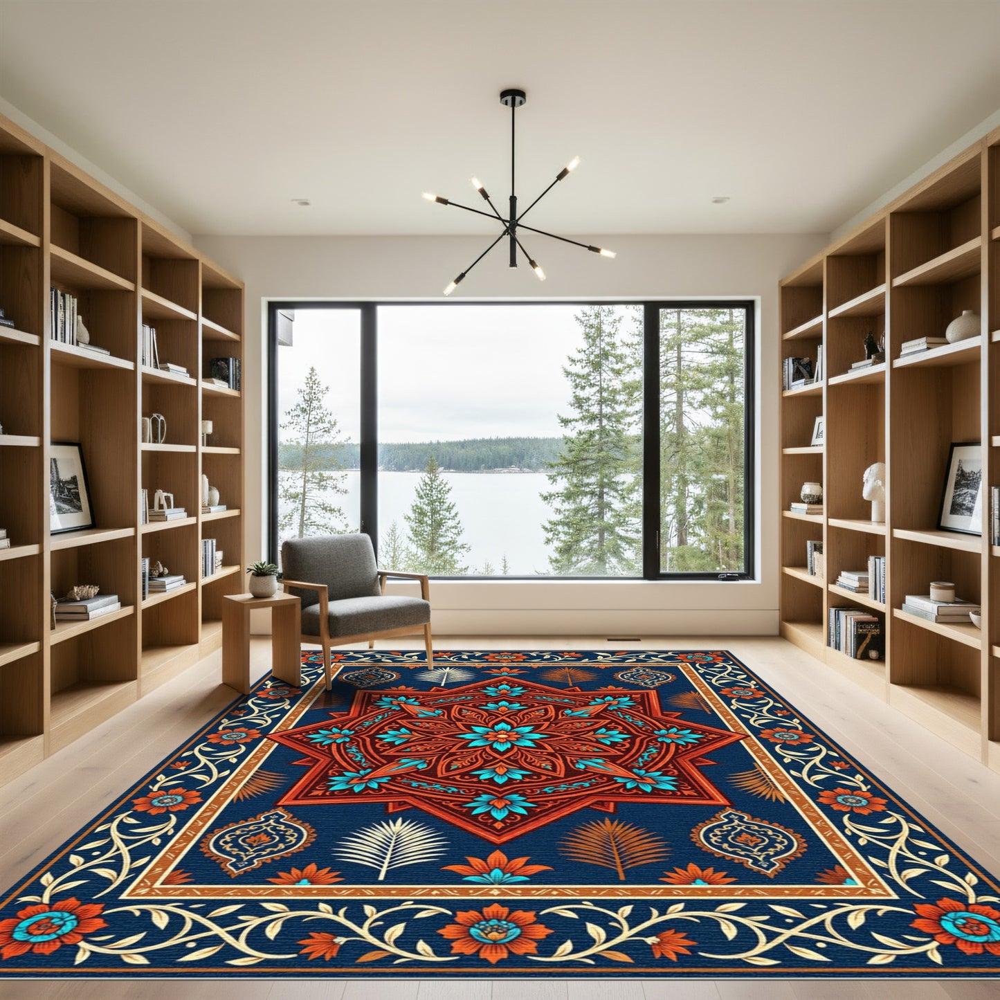 Ornate Teal Orange Floral Star Rug