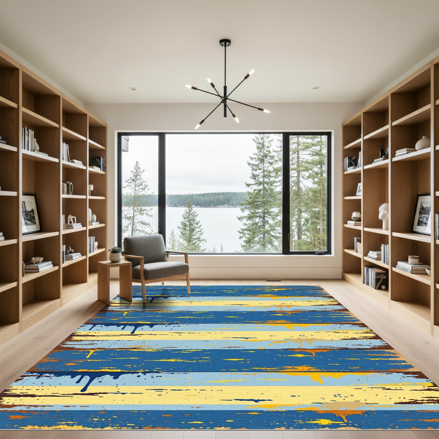 Distressed Coastal Blue Yellow Striped Worn Rug
