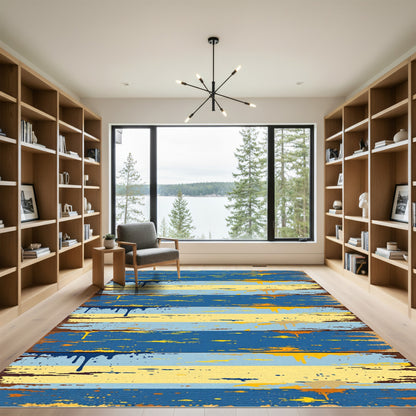 Distressed Coastal Blue Yellow Striped Worn Rug
