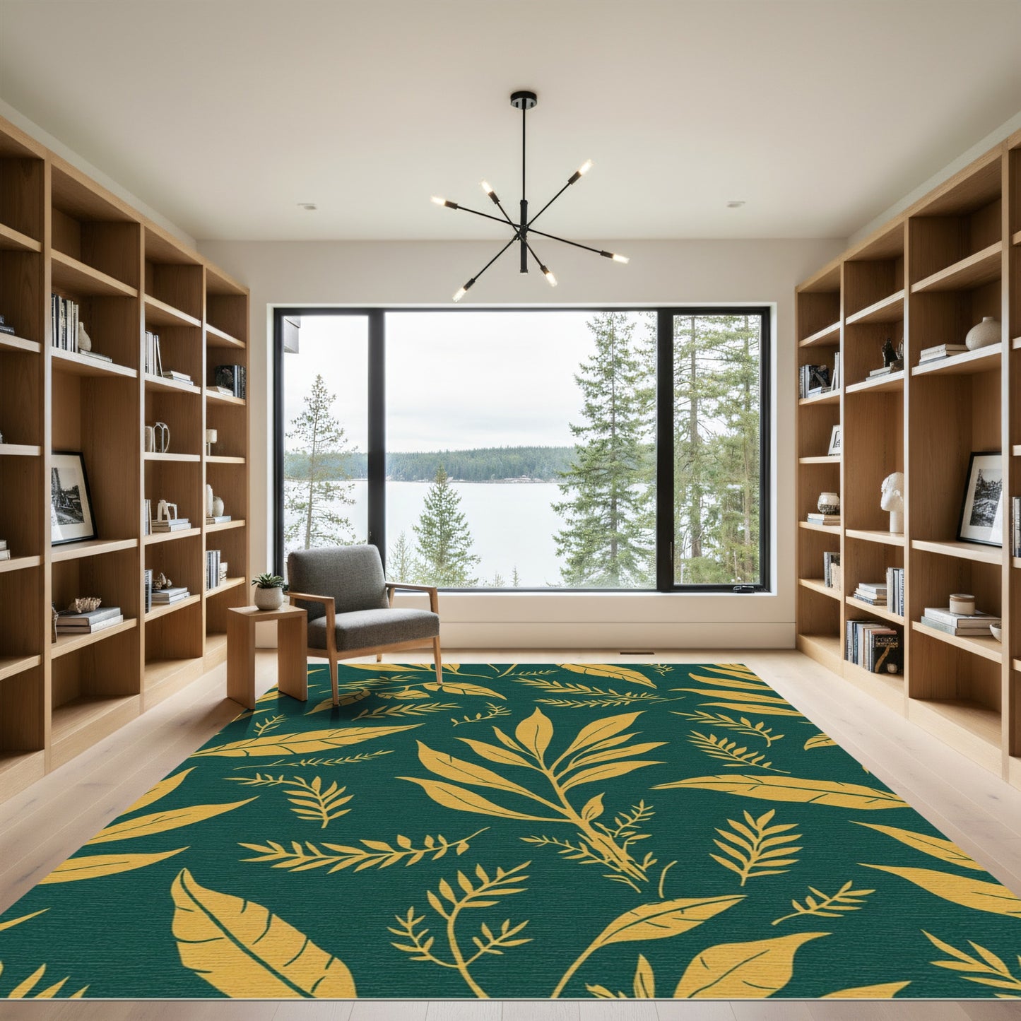 Golden Leafy Sprigs Emerald Background Rug