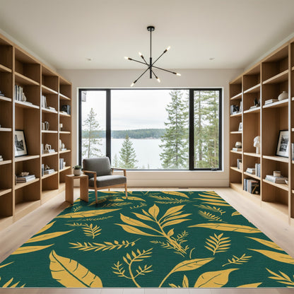 Golden Leafy Sprigs Emerald Background Rug