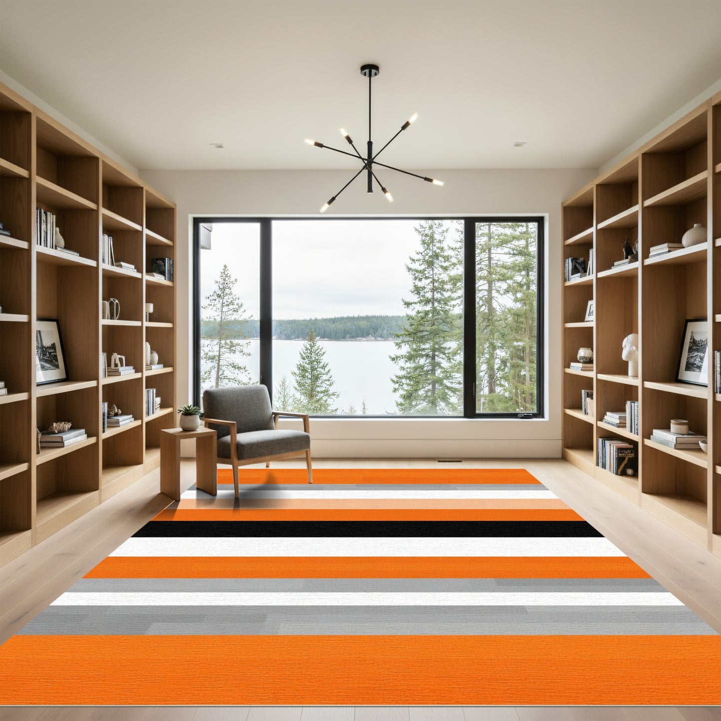 Abstract Orange Black White Stripe Rug