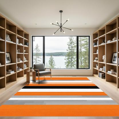 Abstract Orange Black White Stripe Rug