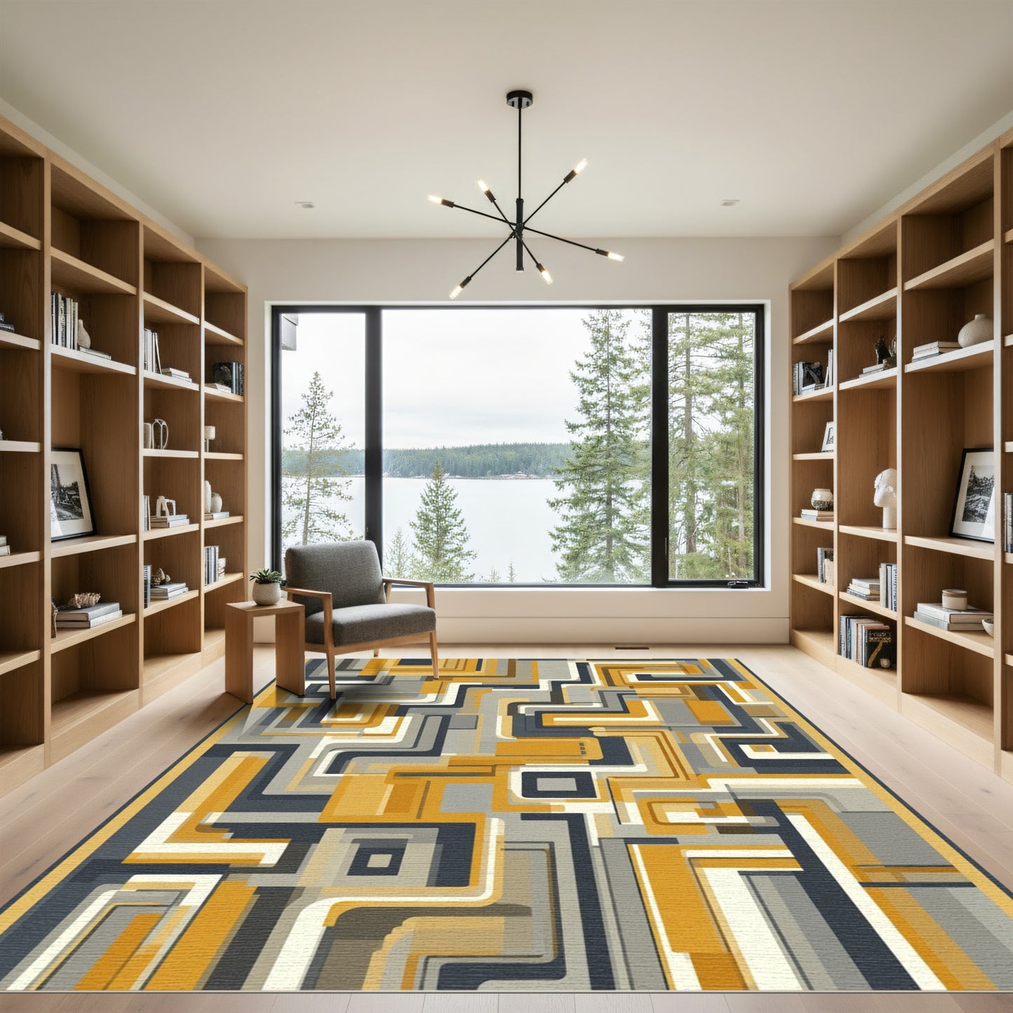 Golden Gray Geometric Maze Rug