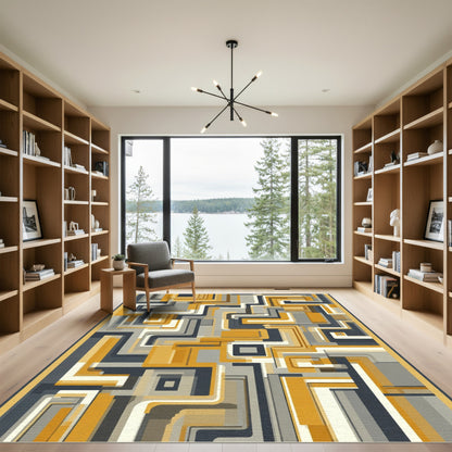 Golden Gray Geometric Maze Rug