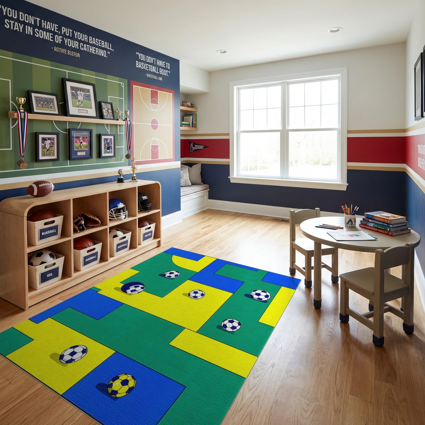 Vibrant Color Block Soccer Ball Rug