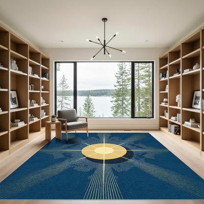 Golden Sunburst Blue Abstract Rug