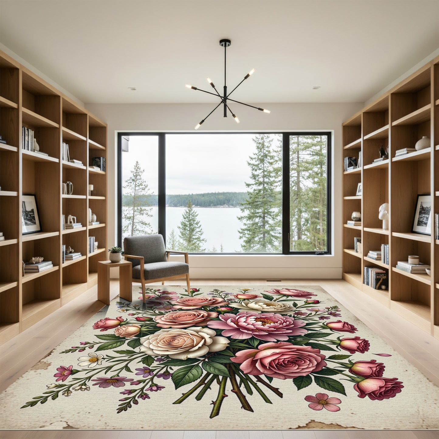Elegant Pink Rose Floral Bouquet Rug
