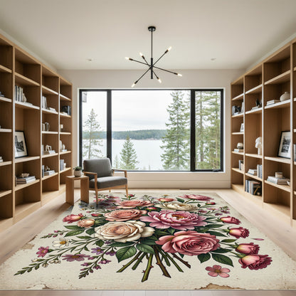 Elegant Pink Rose Floral Bouquet Rug
