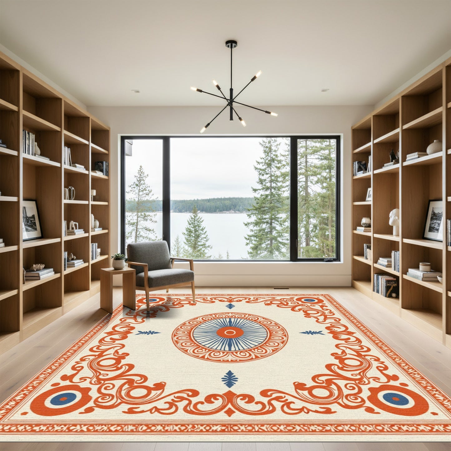 Orange Blue Medallion Scrollwork Rug