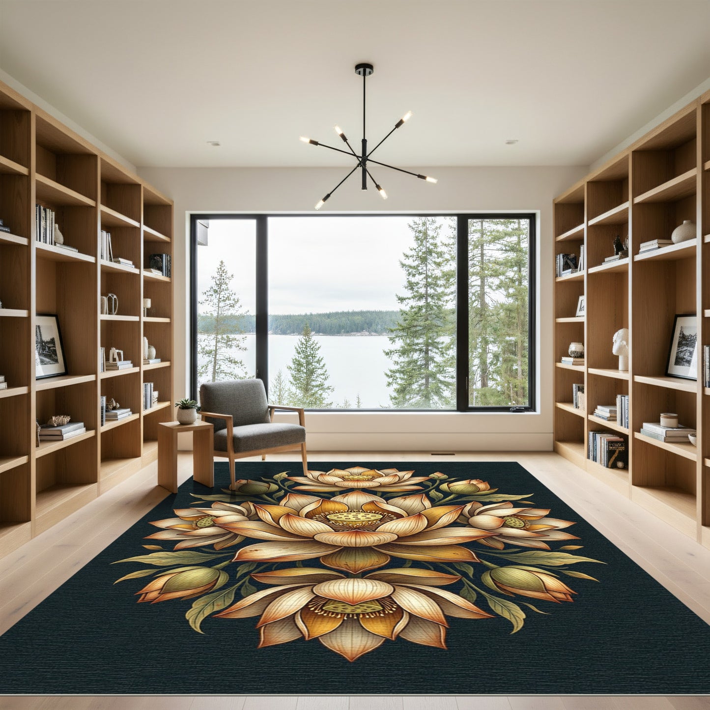 Elegant Golden Lotus Floral Medallion Rug