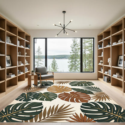 Earthy Tropical Monstera Palm Leaf Rug