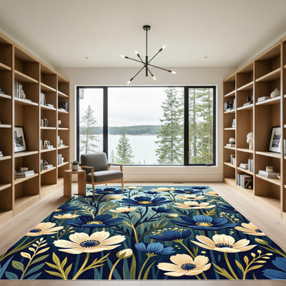 Midnight Cream Floral Botanical Meadow Rug