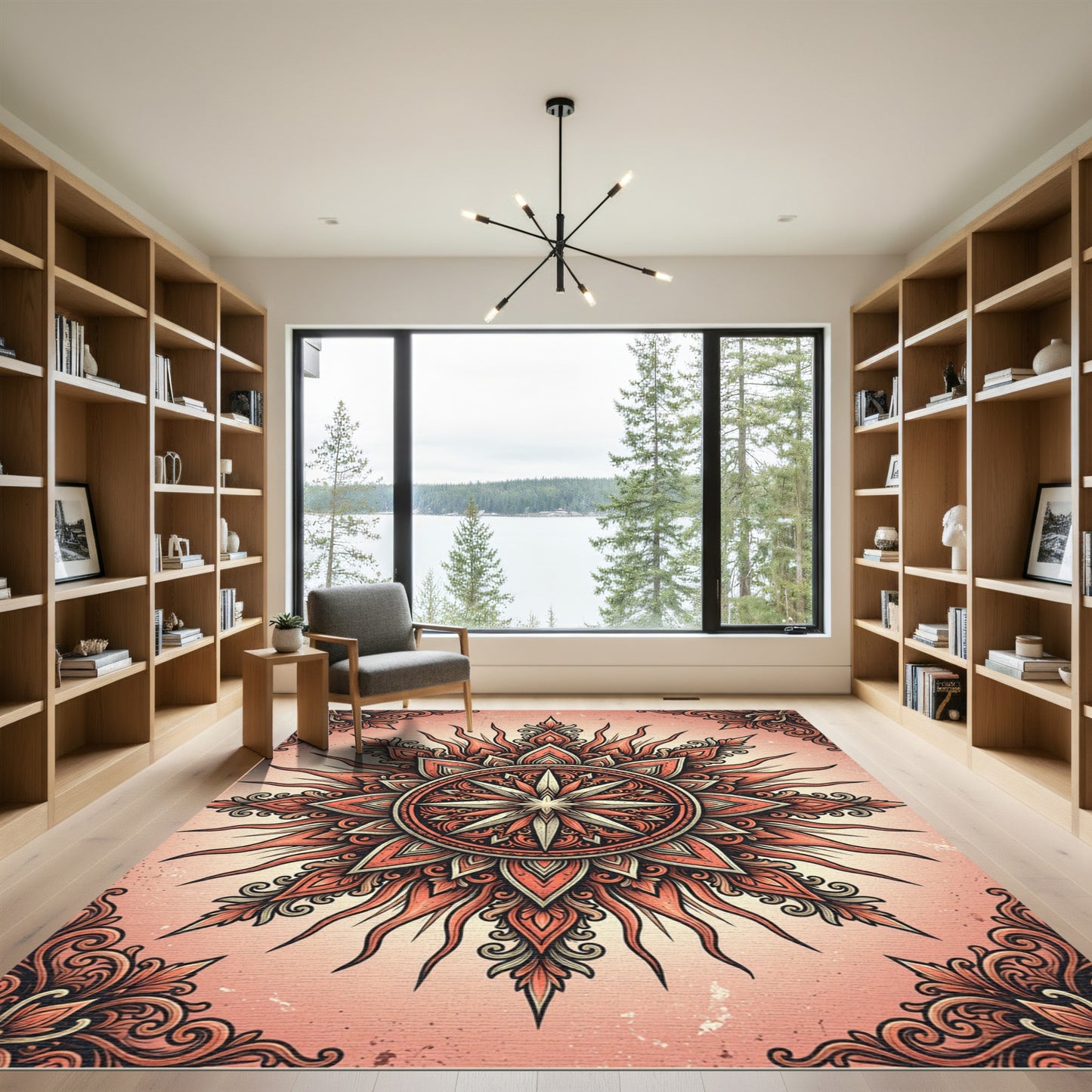 Ornate Coral Sunburst Radiant Mandala Rug