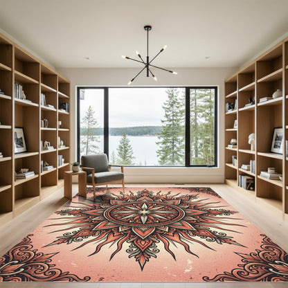 Ornate Coral Sunburst Radiant Mandala Rug