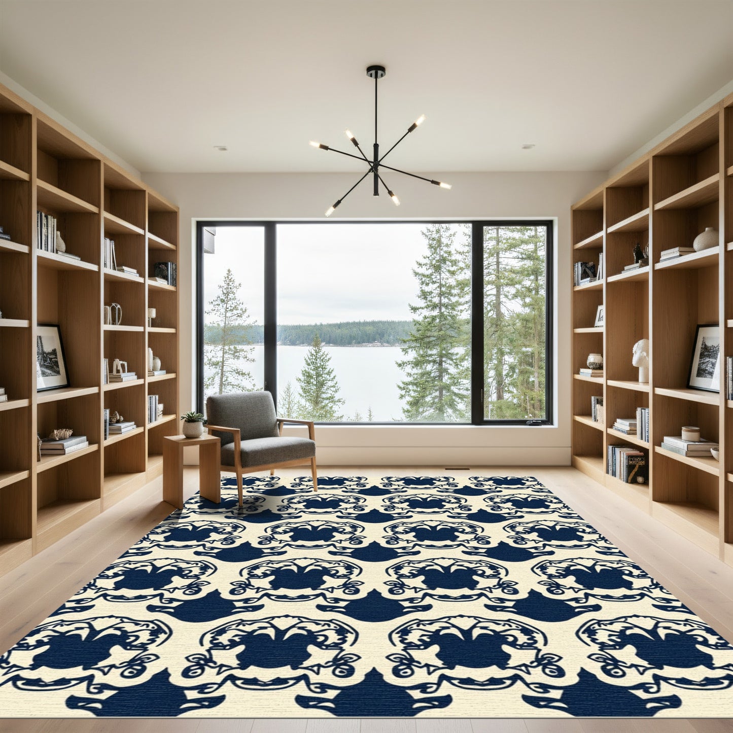 Navy Blue Ornate Flourish Damask Rug