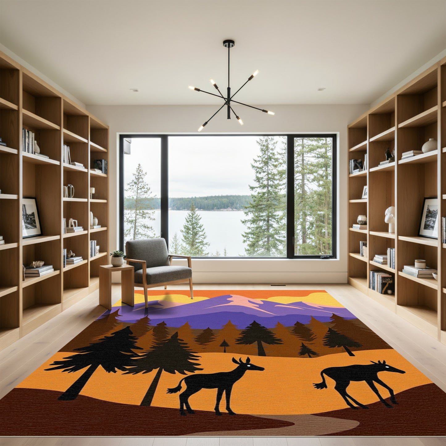 Orange Sunset Mountain Forest Scene Rug