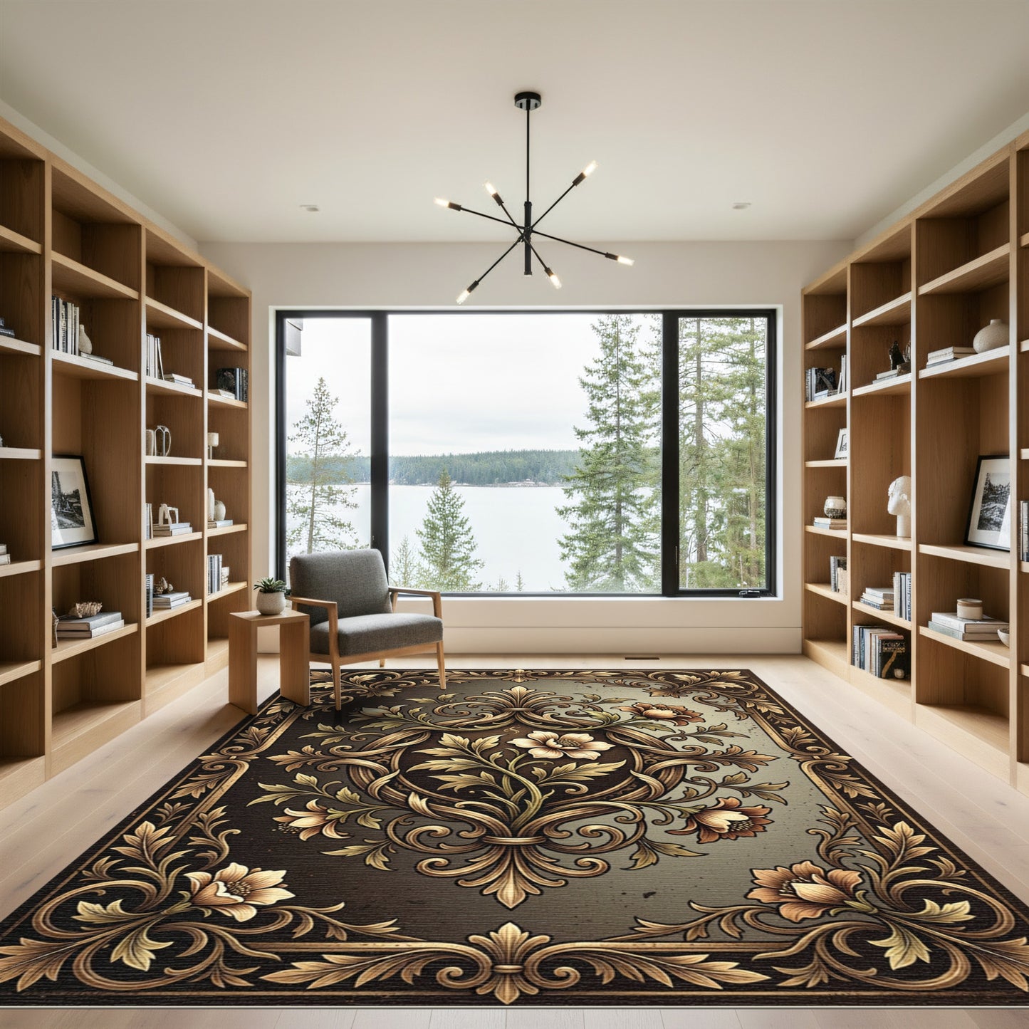 Ornate Gold Flourish Floral Framing Rug