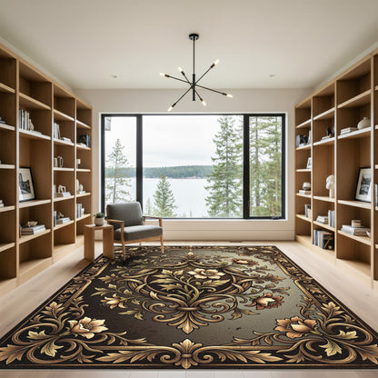 Ornate Gold Flourish Floral Framing Rug