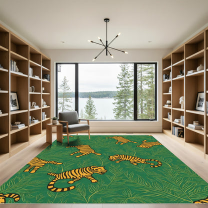 Bold Orange Tiger Jungle Green Rug