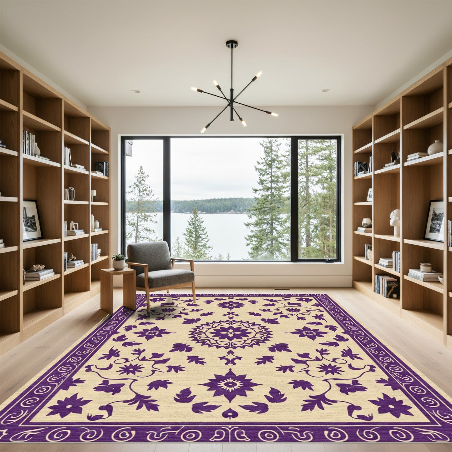 Purple Floral Medallion Cream Border Rug