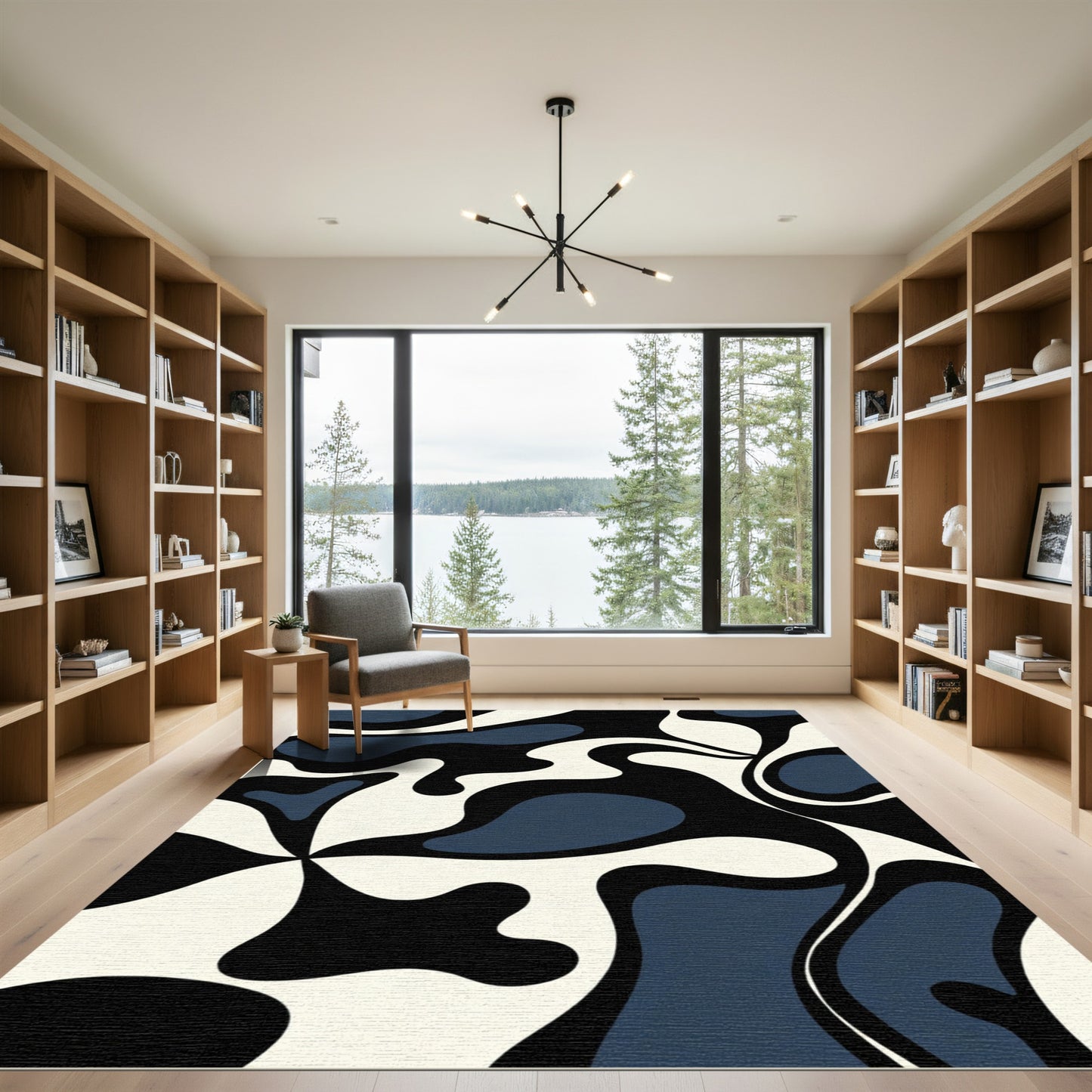 Cream Navy Black Amoeba Swirl Rug