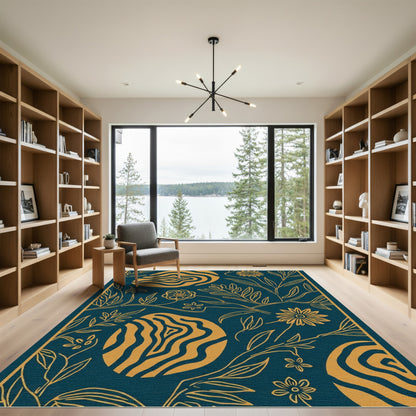Teal And Gold Abstract Floral Nature Rug