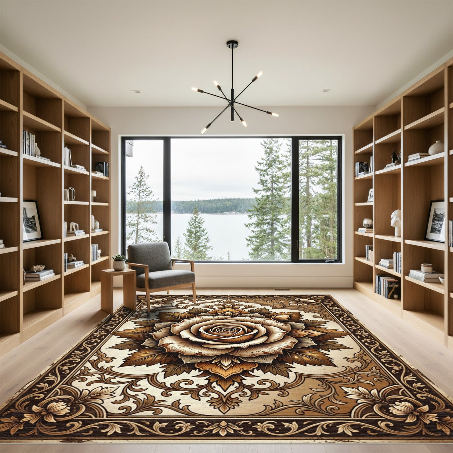 Ornate Sepia Antique Floral Rose Medallion Rug