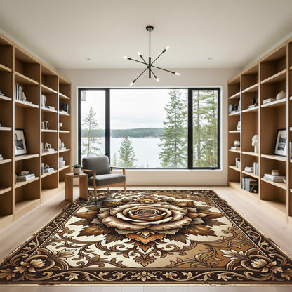 Ornate Sepia Antique Floral Rose Medallion Rug