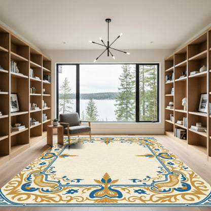 Gold Blue Courtly Scroll Border Rug